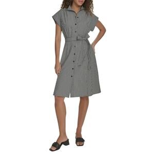 Calvin Klein Women’s Gingham Shirtdress Sleeveless Tie Belt Black White Size 8